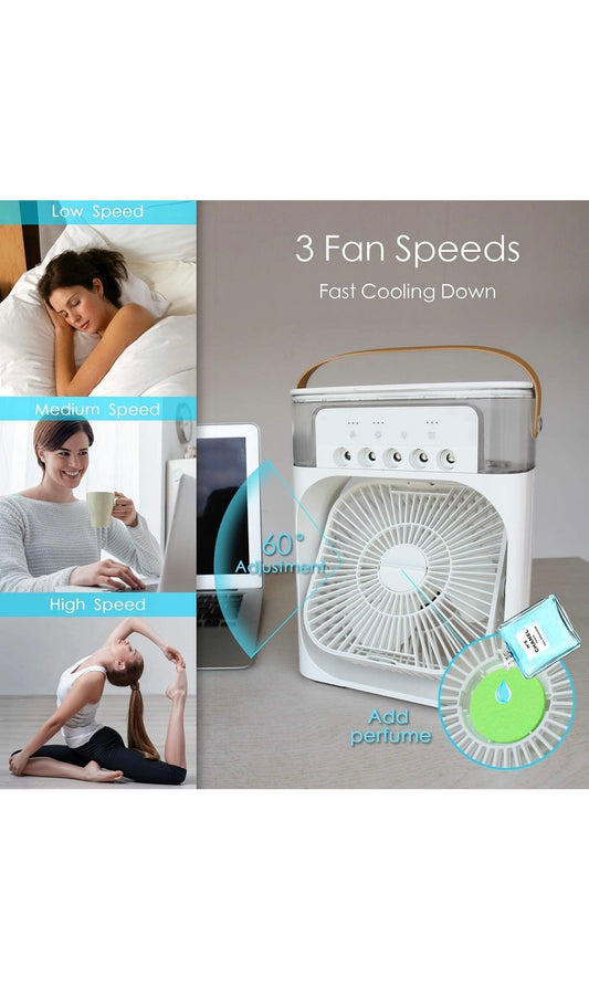 Portable Mini Air Cooler with USB Power & Misting – 3 Speed, 360° Rotation, LED, and Water Tank for Desk/Home/Office