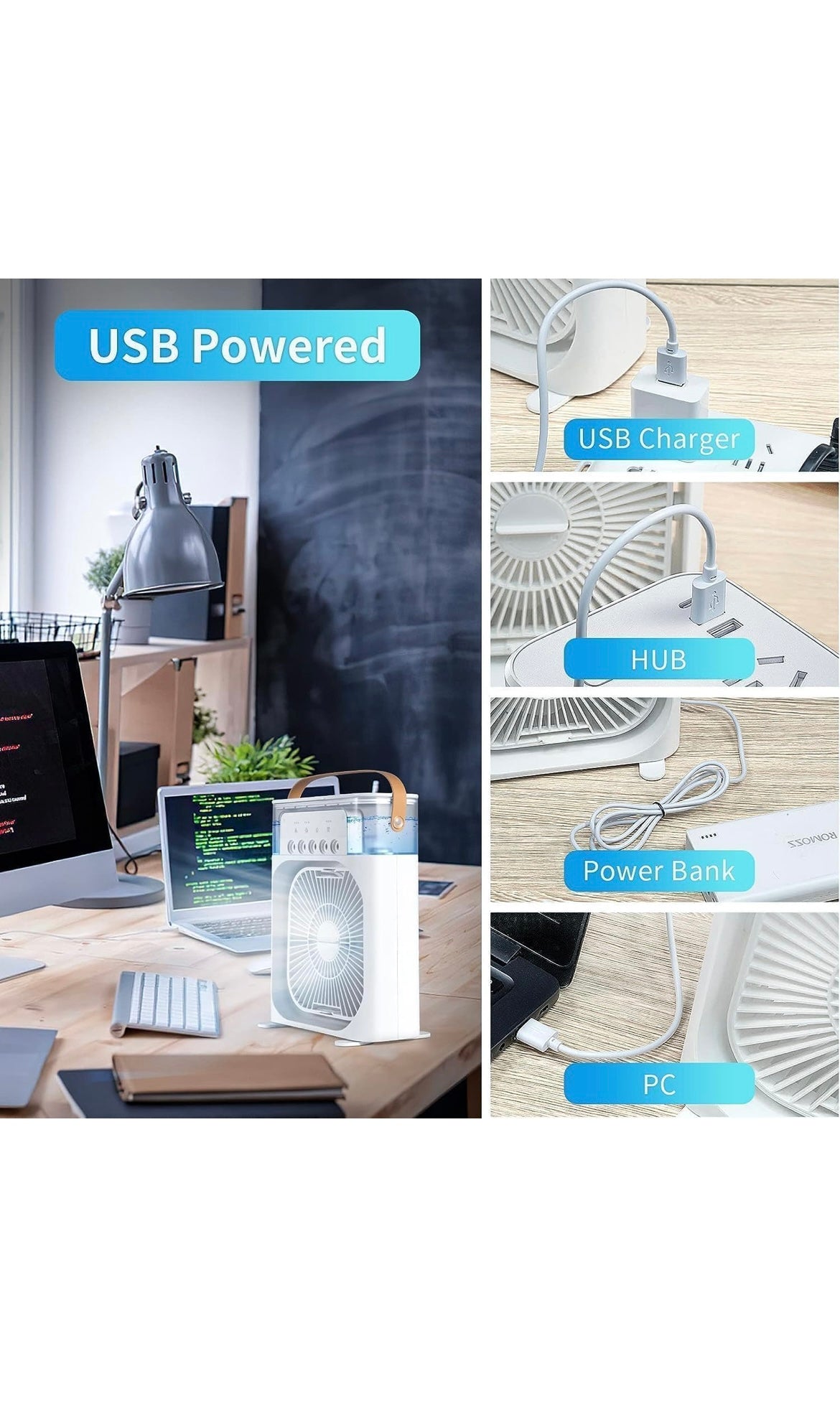 Portable Mini Air Cooler with USB Power & Misting – 3 Speed, 360° Rotation, LED, and Water Tank for Desk/Home/Office