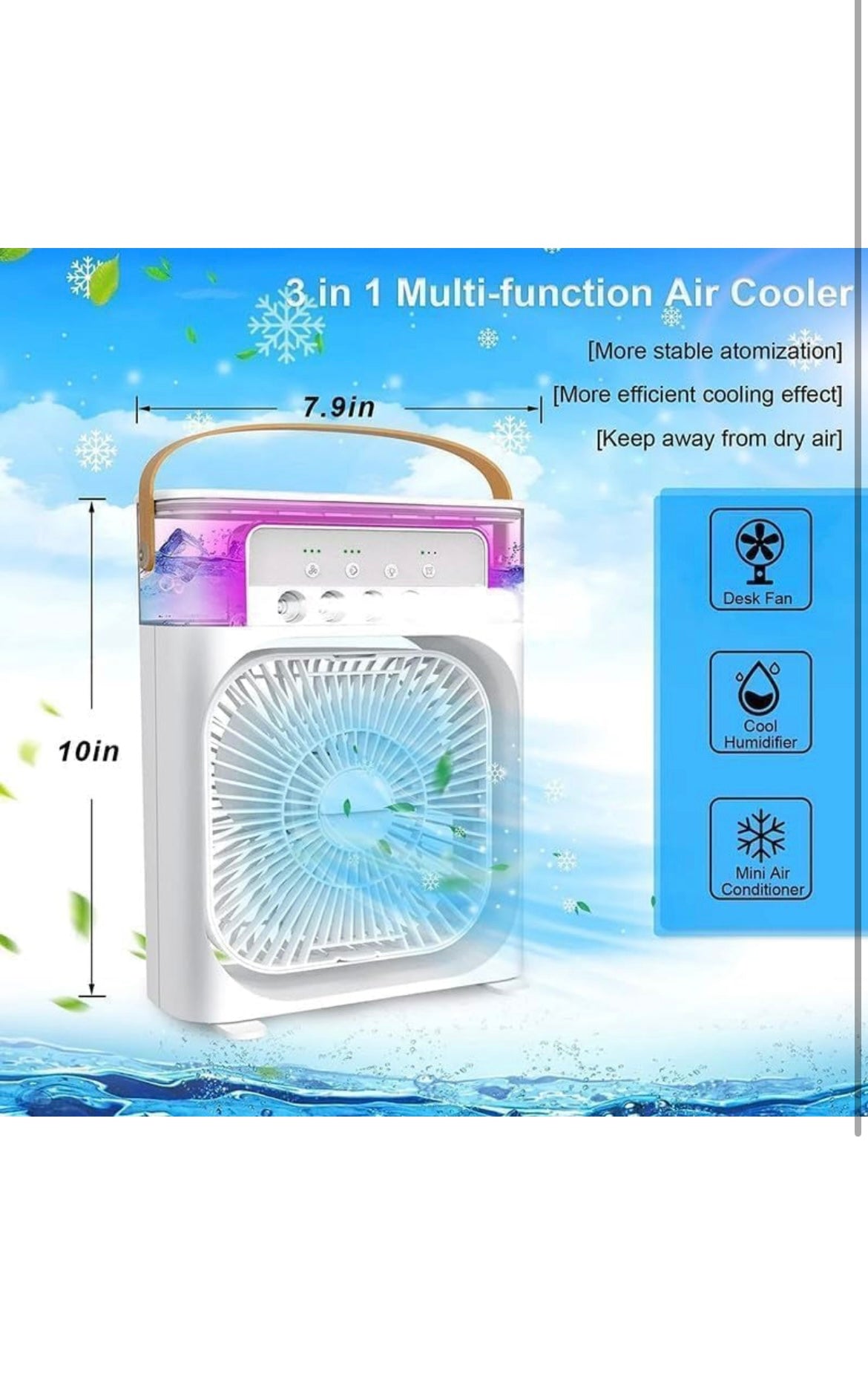 Portable Mini Air Cooler with USB Power & Misting – 3 Speed, 360° Rotation, LED, and Water Tank for Desk/Home/Office
